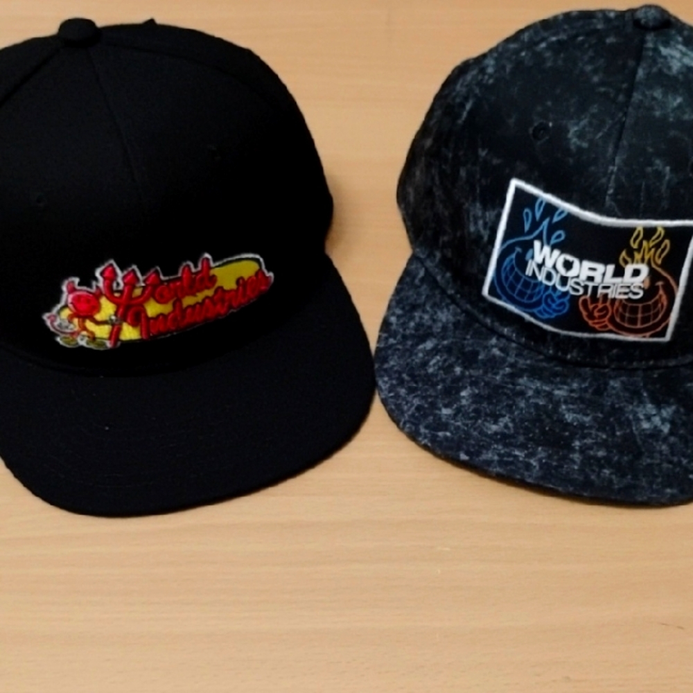 World Industries Hat Bundle – 2 Snapback Caps – Classic Skateboard Brand Embroid